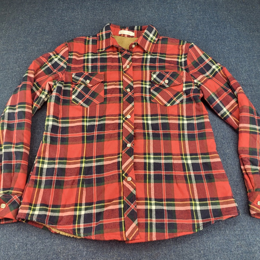 Jiang Yi Xuan Red Plaid Fleece Lined Flannel Shirt Small Cotton Button Down Warm